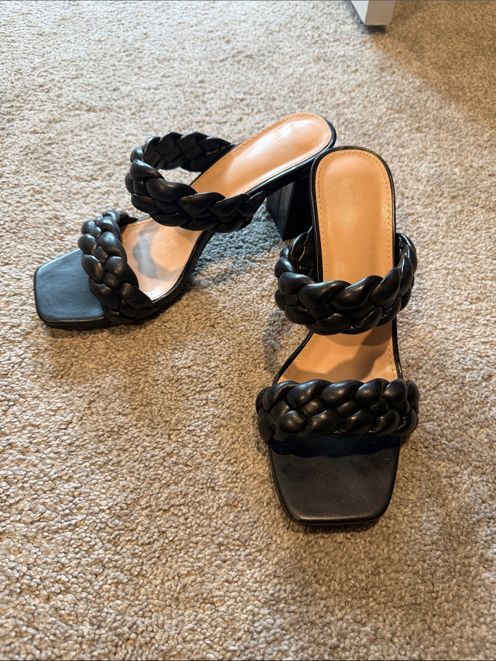 Braided Double-Strap Black Mule Heels